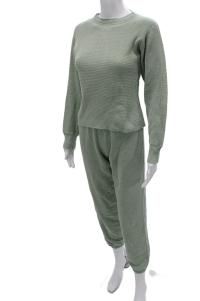 Riley Women Two Piece Lounge Set Green Cotton Crew Neck Long Sleeve Size XS