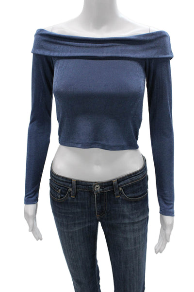 Edikted Womens Cropped Off the Shoulder Blue Long Sleeve Blouse Size S