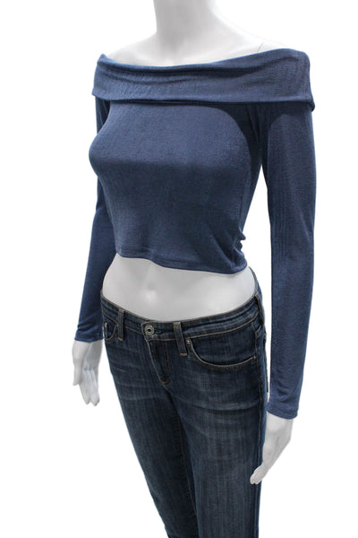 Edikted Womens Cropped Off the Shoulder Blue Long Sleeve Blouse Size S