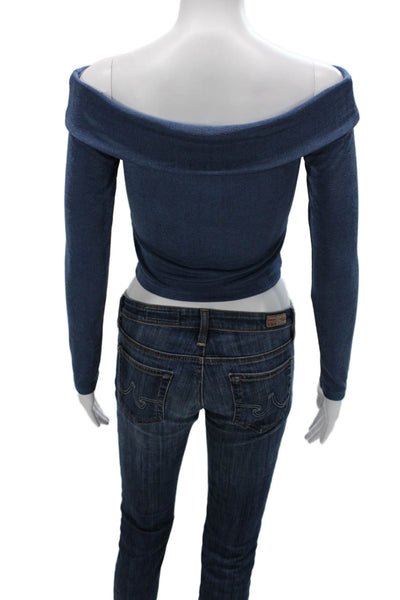 Edikted Womens Cropped Off the Shoulder Blue Long Sleeve Blouse Size S