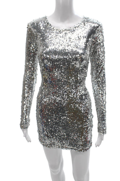 Superdown Women Bodycon Dress Silver Polyester Long Sleeve Round Neck Size XS