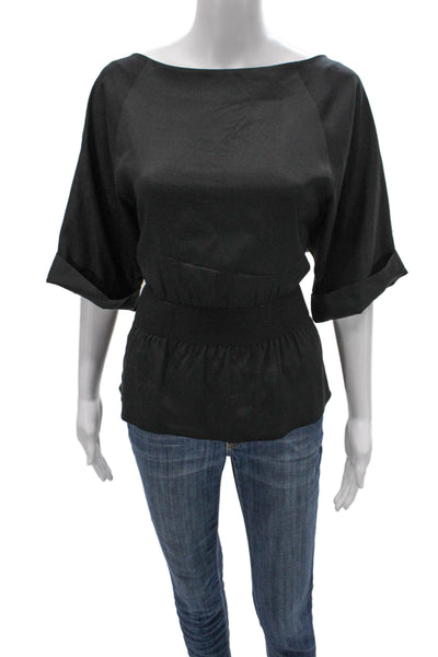 Theory Womens Silk Blend Boat Neck Basic Blouse Black 3/4 Sleeve Button Size L