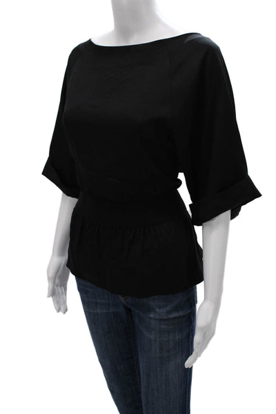Theory Womens Silk Blend Boat Neck Basic Blouse Black 3/4 Sleeve Button Size L