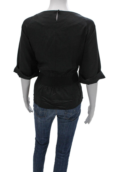 Theory Womens Silk Blend Boat Neck Basic Blouse Black 3/4 Sleeve Button Size L