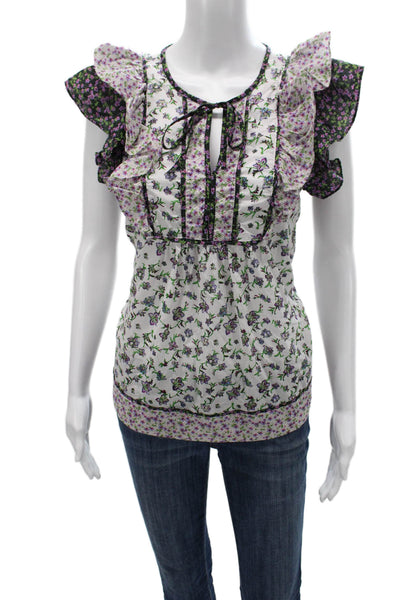 Carolina Belle Womens White Floral V-Neck Cotton Tie Blouse Size M