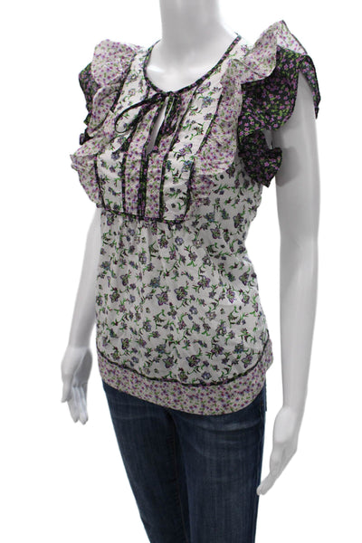 Carolina Belle Womens White Floral V-Neck Cotton Tie Blouse Size M