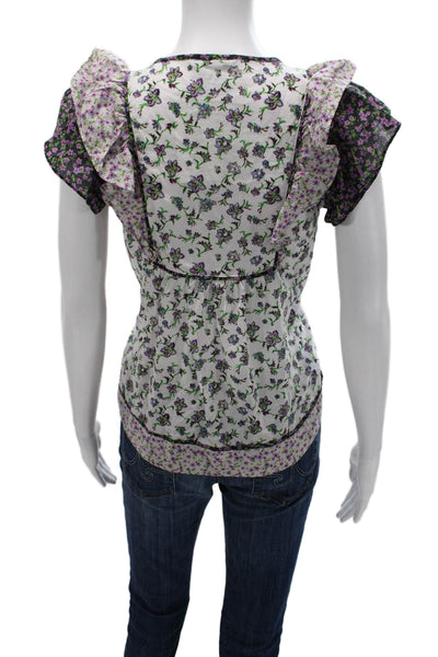Carolina Belle Womens White Floral V-Neck Cotton Tie Blouse Size M