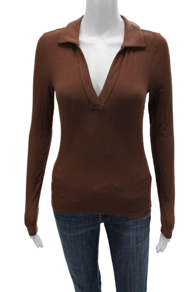 Paige Women Collared Basic Polo Brown Long Sleeve Modal Spandex Size XS