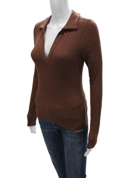 Paige Women Collared Basic Polo Brown Long Sleeve Modal Spandex Size XS