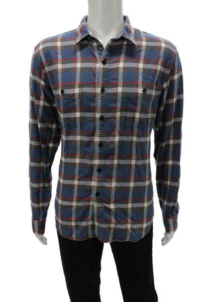 J Crew Mens Button Front Long Sleeve Collared Plaid Shirt Blue White Large