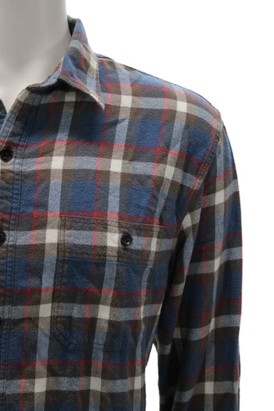 J Crew Mens Button Front Long Sleeve Collared Plaid Shirt Blue White Large
