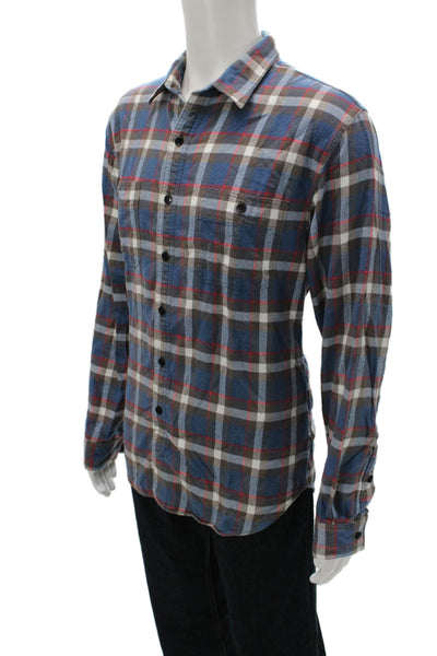 J Crew Mens Button Front Long Sleeve Collared Plaid Shirt Blue White Large