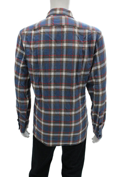 J Crew Mens Button Front Long Sleeve Collared Plaid Shirt Blue White Large
