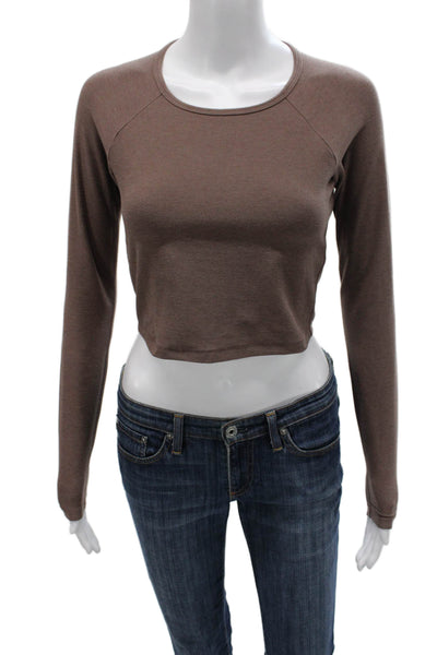 Beyond Yoga Womens Cropped Long Sleeve T-Shirt Brown Crew Neck Size S