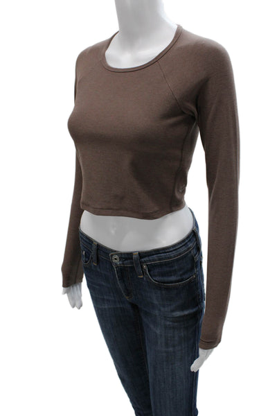 Beyond Yoga Womens Cropped Long Sleeve T-Shirt Brown Crew Neck Size S