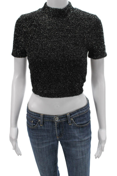 Lovers + Friends Womens Cropped T-Shirt Black Mock Neck Zip Size XS