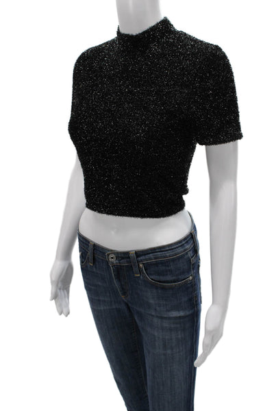 Lovers + Friends Womens Cropped T-Shirt Black Mock Neck Zip Size XS