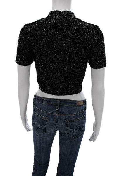 Lovers + Friends Womens Cropped T-Shirt Black Mock Neck Zip Size XS