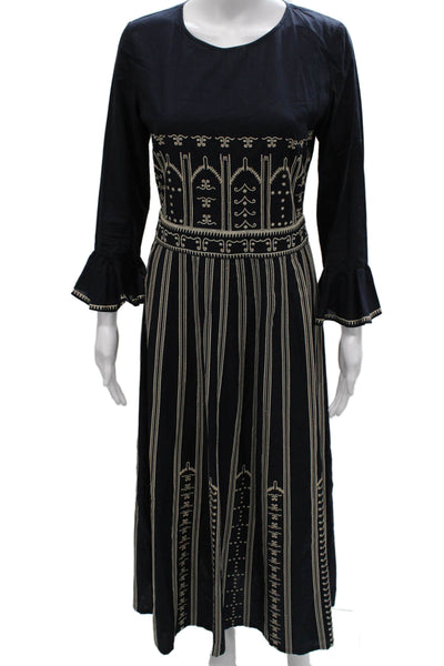 Le Sirenuse Womens Maxi Striped Cotton Longsleeve Round Neck Dress Black Size 40