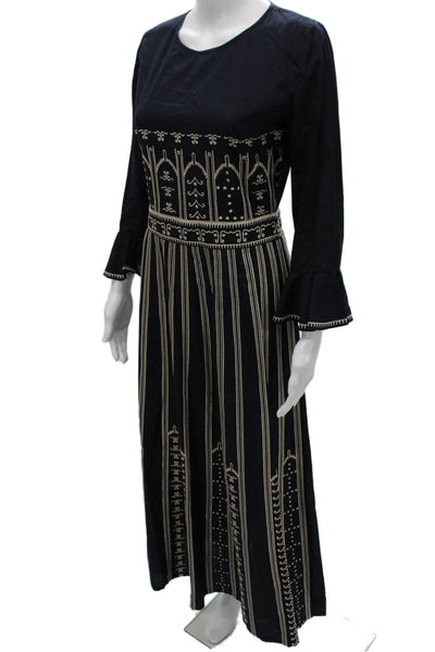 Le Sirenuse Womens Maxi Striped Cotton Longsleeve Round Neck Dress Black Size 40