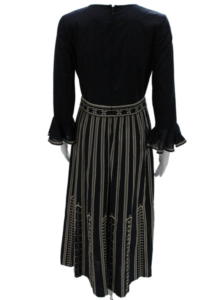 Le Sirenuse Womens Maxi Striped Cotton Longsleeve Round Neck Dress Black Size 40
