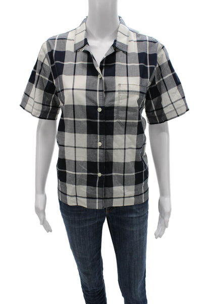 Alex Mill Women Basic Blue Plaid Cotton Collared Short Sleeve Button-Up Size M