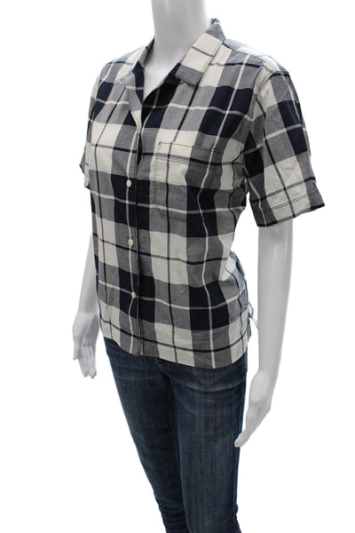 Alex Mill Women Basic Blue Plaid Cotton Collared Short Sleeve Button-Up Size M