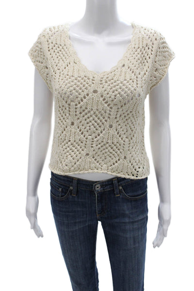 By Together Womens Cropped V-Neck Geometric Cotton Blouse Short Sleeve Size M