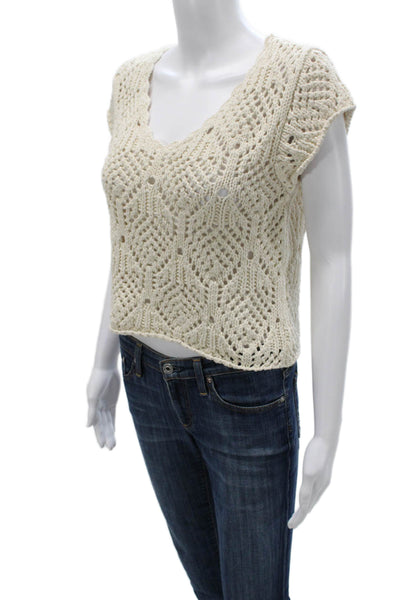 By Together Womens Cropped V-Neck Geometric Cotton Blouse Short Sleeve Size M