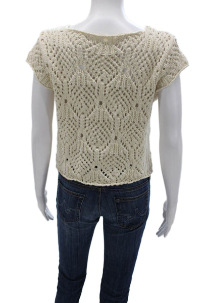By Together Womens Cropped V-Neck Geometric Cotton Blouse Short Sleeve Size M
