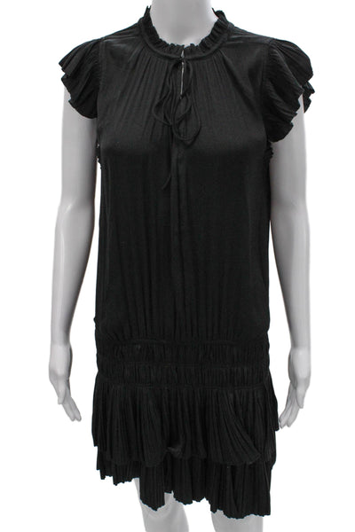 Decker Womens Black Trapeze Swing Dress Short Sleeve High Neck Tie Size XS