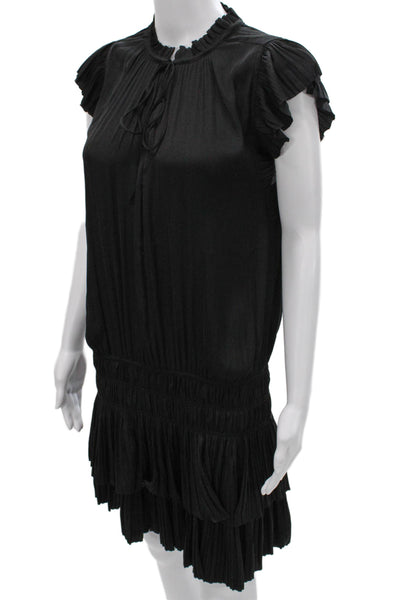 Decker Womens Black Trapeze Swing Dress Short Sleeve High Neck Tie Size XS