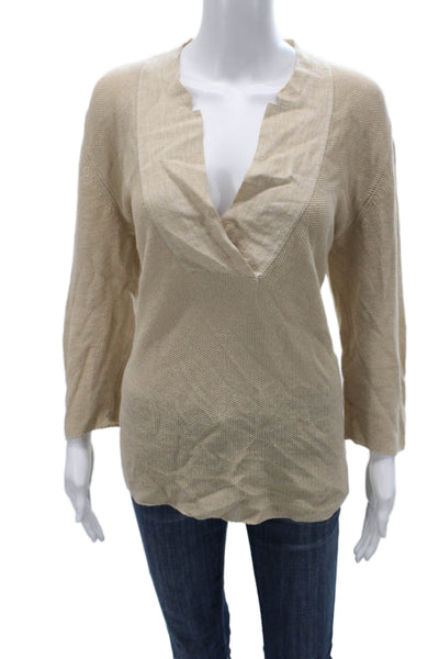 Amina Rubinacci Women Linen V-Neck Pullover 3/4 Sleeve Beige Size 48