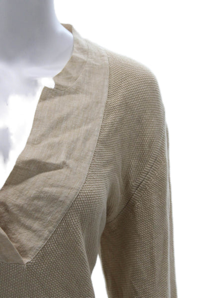 Amina Rubinacci Women Linen V-Neck Pullover 3/4 Sleeve Beige Size 48