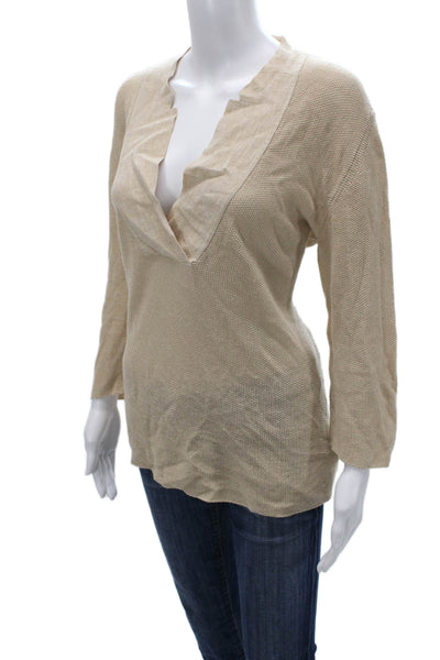 Amina Rubinacci Women Linen V-Neck Pullover 3/4 Sleeve Beige Size 48