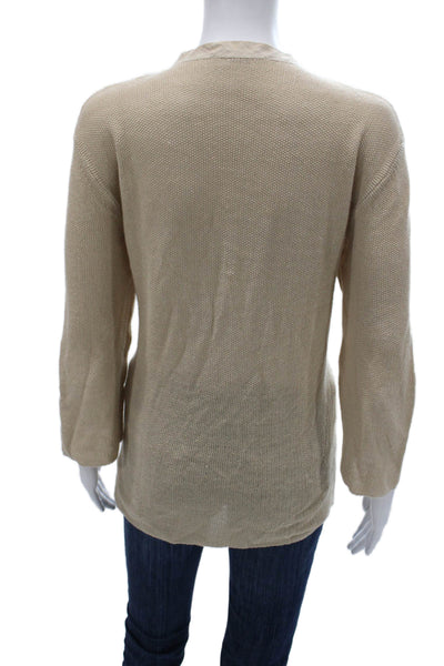 Amina Rubinacci Women Linen V-Neck Pullover 3/4 Sleeve Beige Size 48