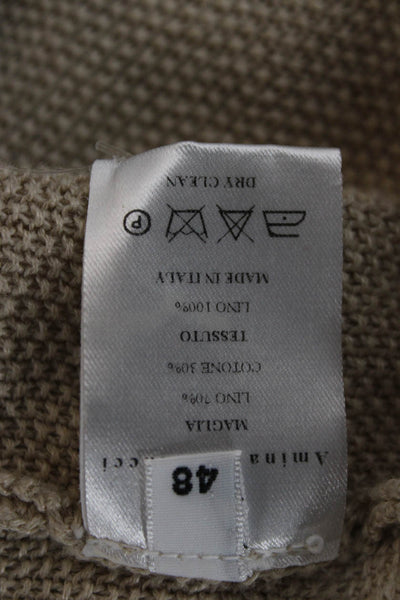 Amina Rubinacci Women Linen V-Neck Pullover 3/4 Sleeve Beige Size 48