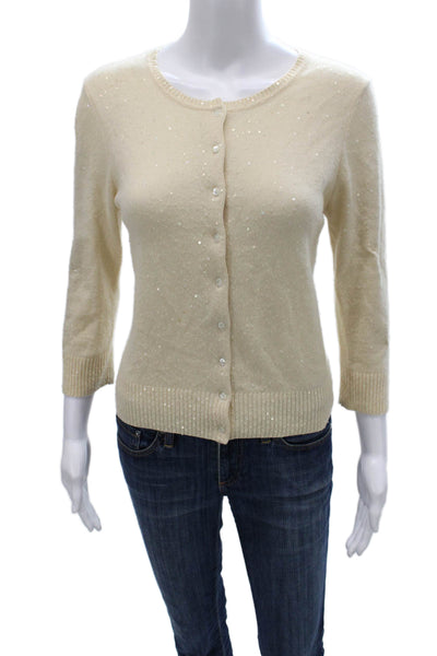 Aqua Women Cardigan Cashmere Ivory 3/4 Sleeve Round Neck Size S