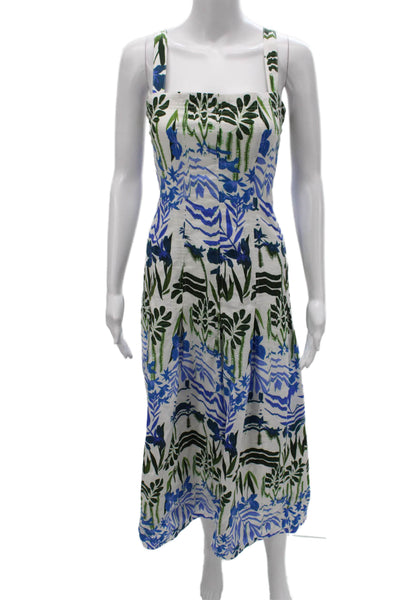Marie Oliver Women Sundress White Linen Square Neck Floral Knee Length Size 6