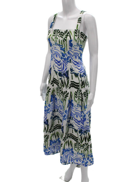 Marie Oliver Women Sundress White Linen Square Neck Floral Knee Length Size 6
