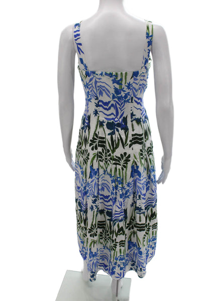 Marie Oliver Women Sundress White Linen Square Neck Floral Knee Length Size 6