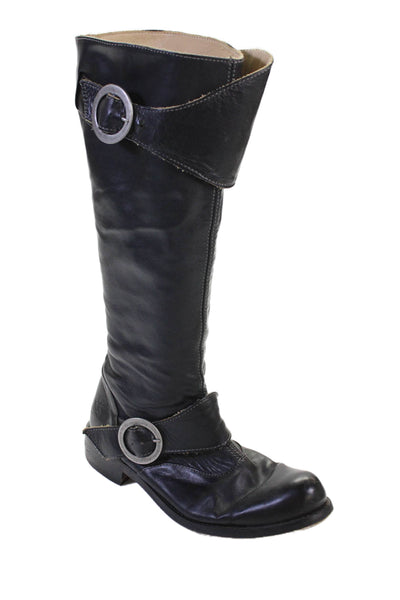 John Fluevog Womens Leather Zip Up Belted Knee High Boots Black Size 7