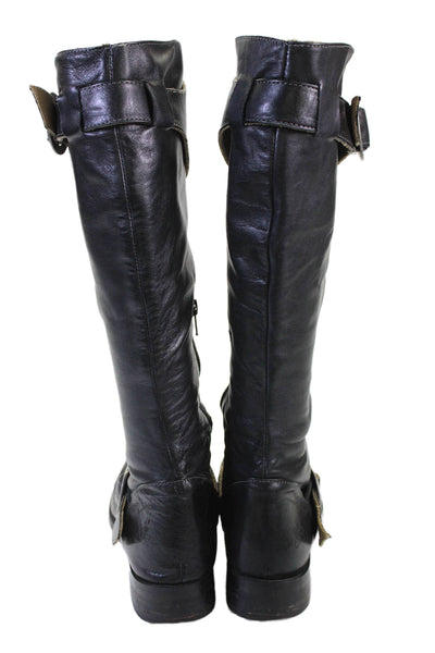 John Fluevog Womens Leather Zip Up Belted Knee High Boots Black Size 7