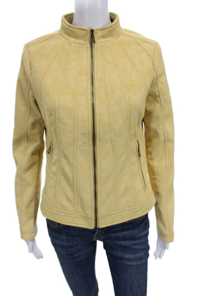 Desigual Women Motorcycle Jacket Faux Leather Yellow Zip Long Sleeve Size M