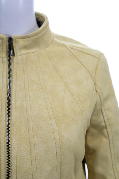 Desigual Women Motorcycle Jacket Faux Leather Yellow Zip Long Sleeve Size M
