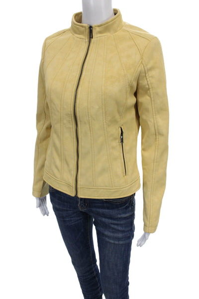 Desigual Women Motorcycle Jacket Faux Leather Yellow Zip Long Sleeve Size M