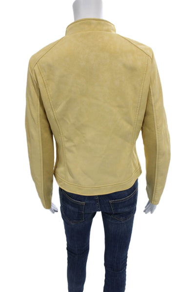 Desigual Women Motorcycle Jacket Faux Leather Yellow Zip Long Sleeve Size M