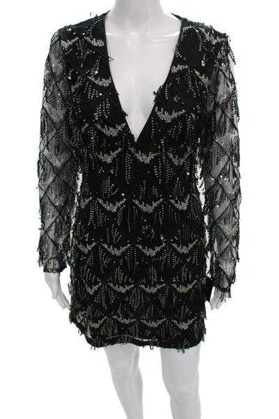 Lulus Women Mini Black V-Neck Long Sleeve Geometric Dress Size M