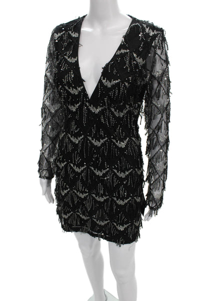 Lulus Women Mini Black V-Neck Long Sleeve Geometric Dress Size M