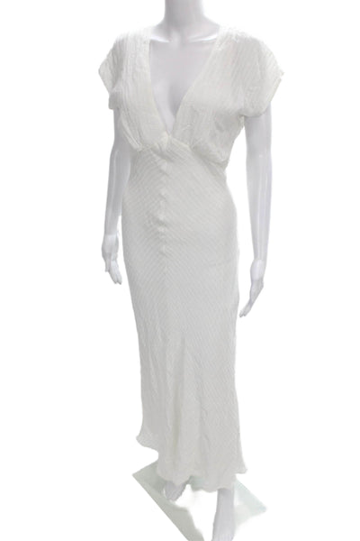 William B Women Maxi Dress White Striped V-Neck Short Sleeve Rayon Zip Size M